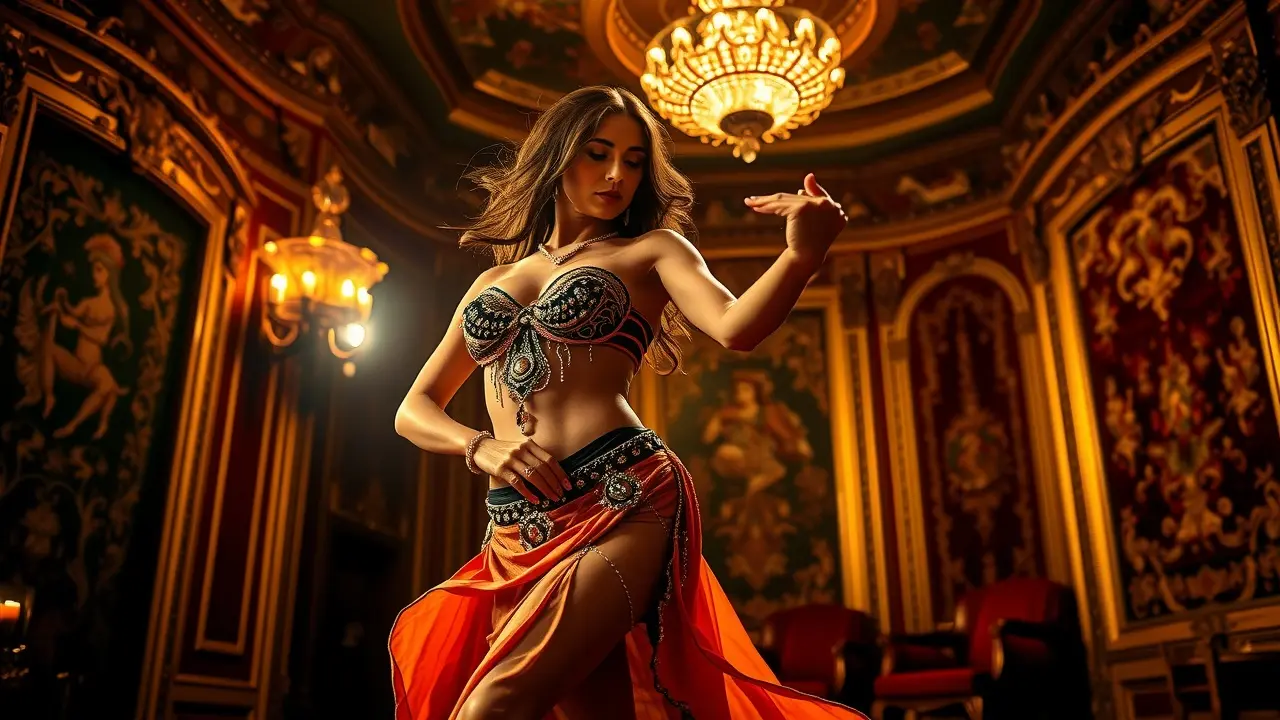 Mulher dançando dança do ventre, expressando sensualidade e liberdade