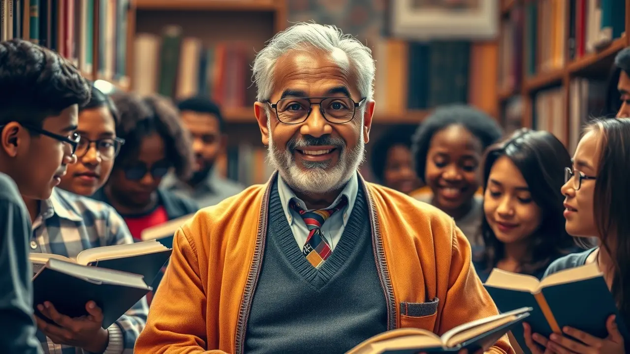 Darcy Ribeiro sorrindo cercado de livros e estudantes