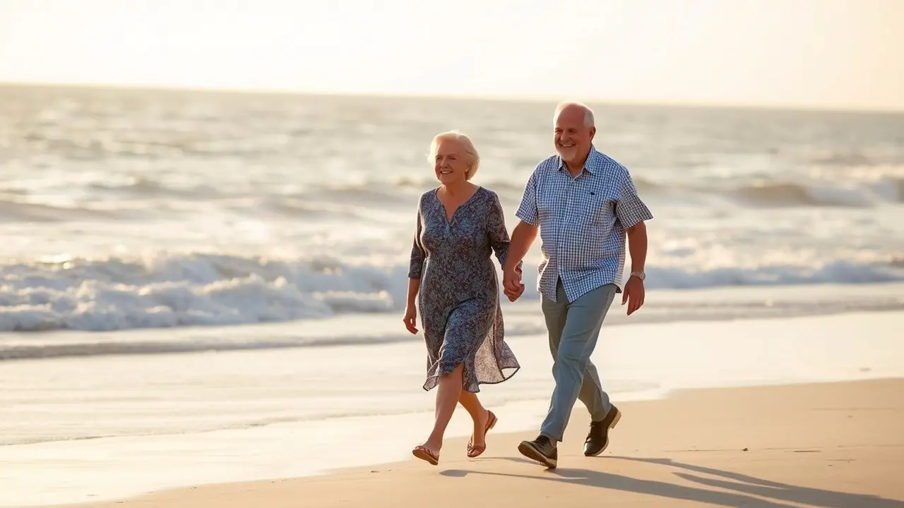 Casal idoso caminhando na praia ao pôr do sol, simbolizando a aposentadoria