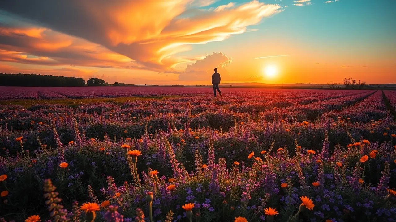 Significado de Sonhar com Data de Falecimento: Interpretações e Reflexões Campo florido ao pôr do sol, simbolizando renovação.