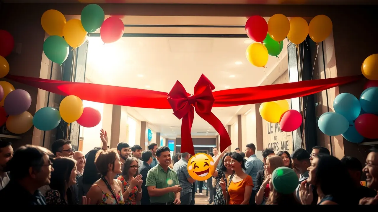 O Significado Oculto de Sonhar com Data de Inauguração do Negócio Inauguração de negócio com balões e pessoas sorrindo.