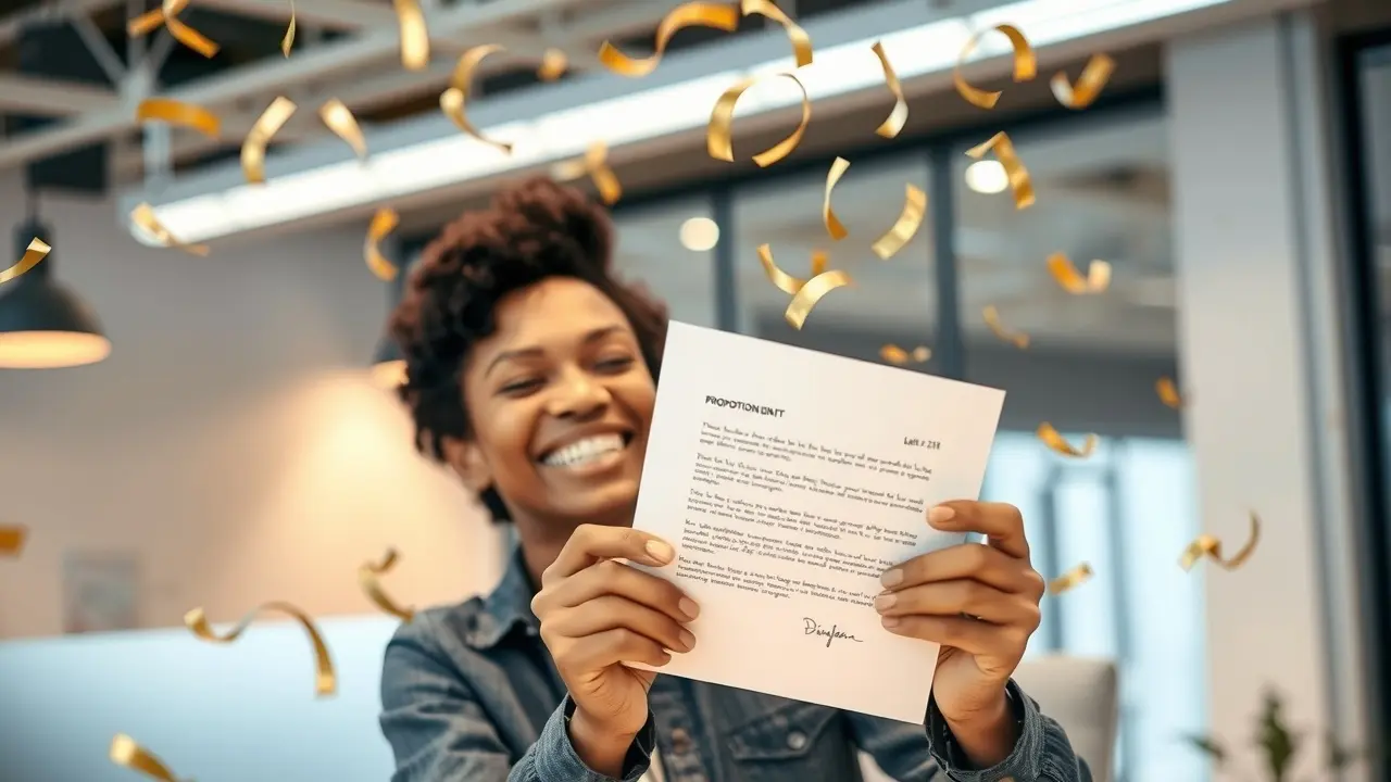 Sonhar com Data de Promoção no Trabalho: Desvende o Significado! Pessoa feliz recebendo carta de promoção no trabalho.