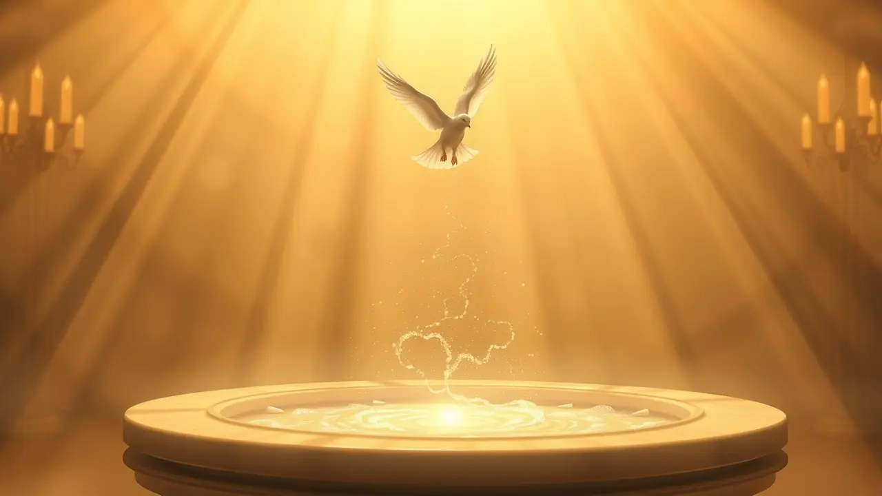 Fonte batismal iluminada com pomba e flores.