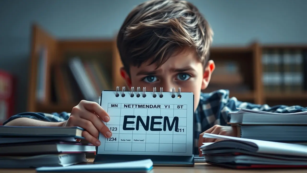 Estudante ansioso olhando calendário com a data do ENEM