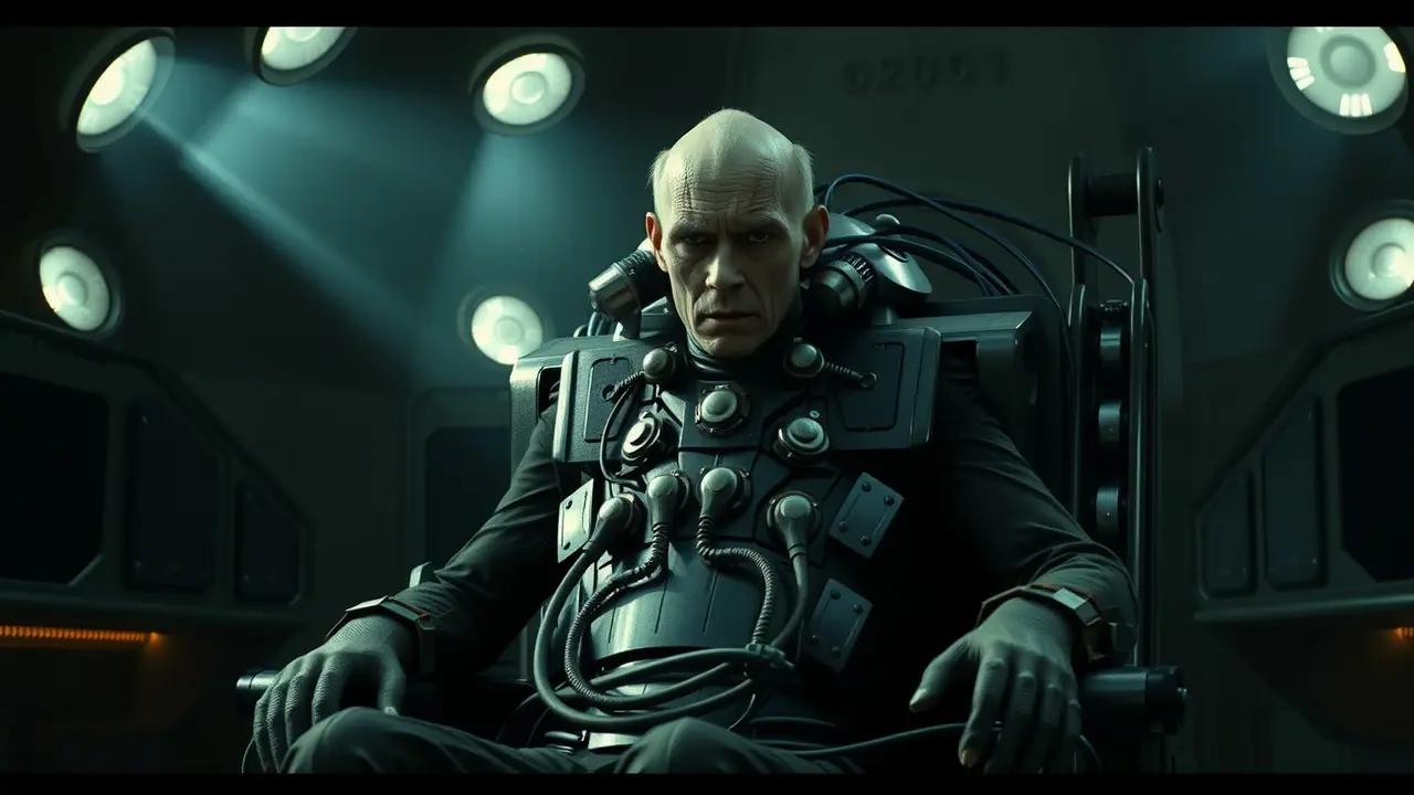 Davros em sua cadeira, laboratório escuro.