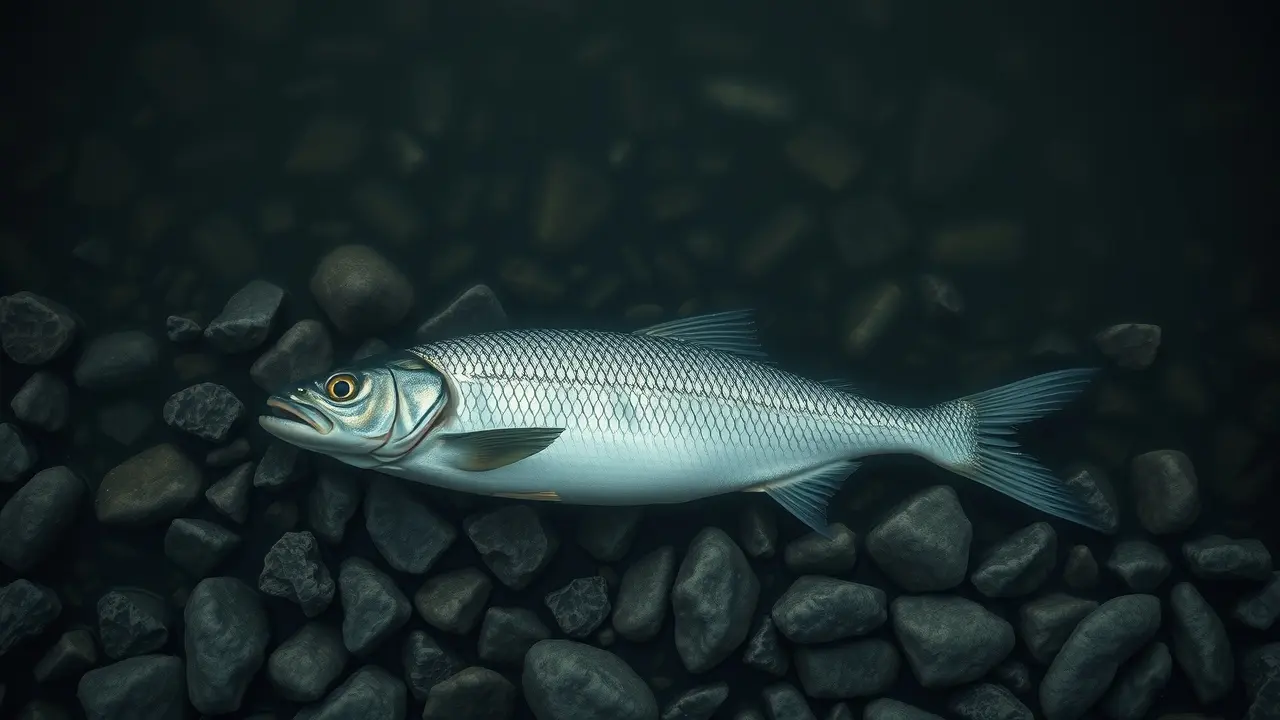 Peixe morto em um lago escuro.