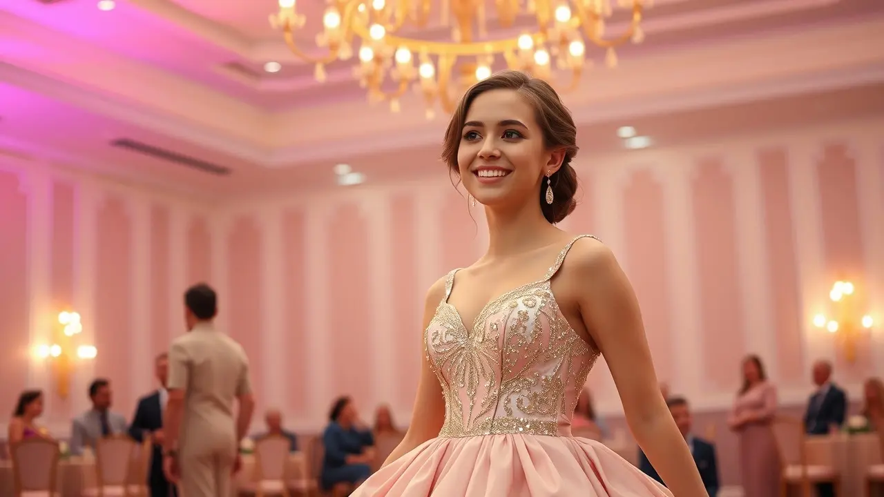 Jovem radiante vestida para sua festa de 15 anos.