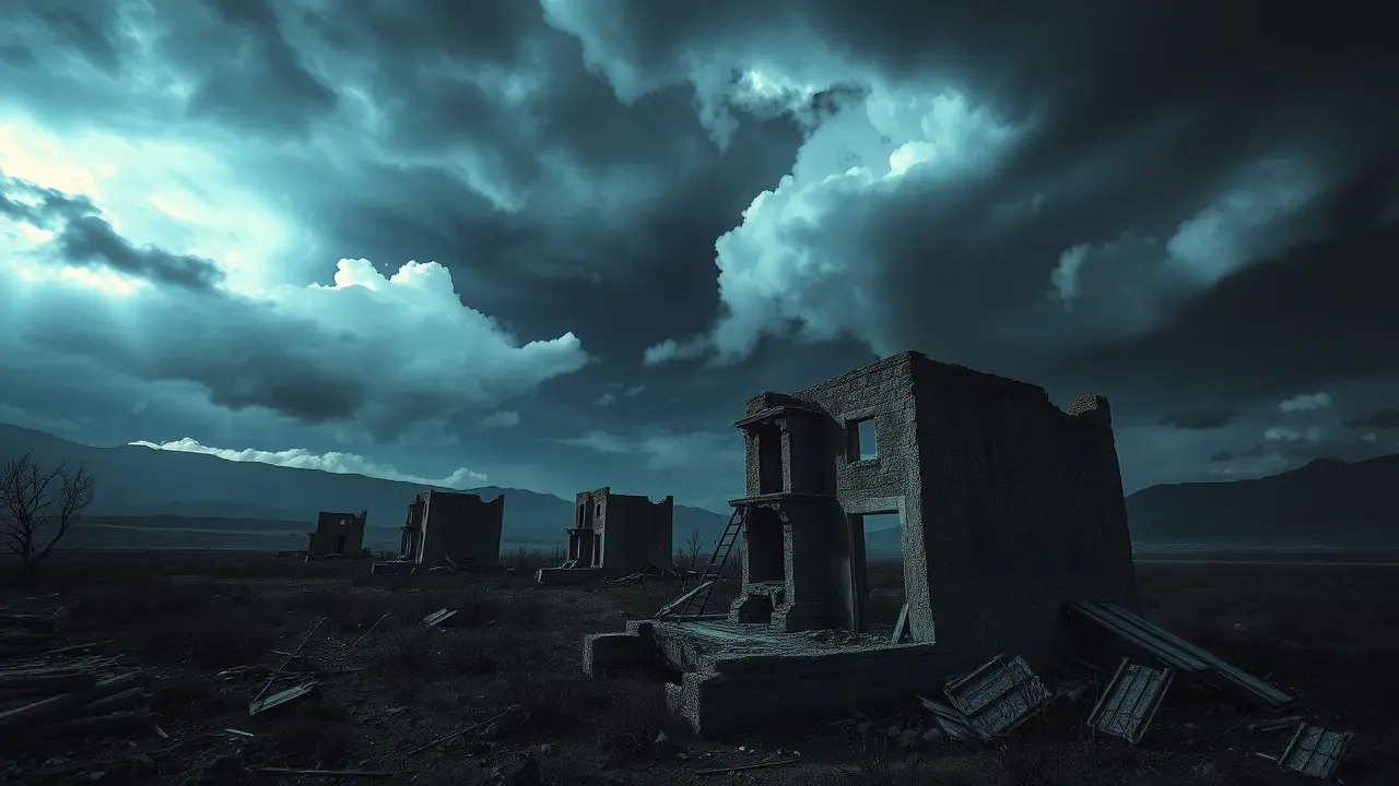 Significado de Sonhar com Decadência: Uma Análise Profunda Paisagem desolada com prédios em ruínas sob céu tempestuoso.