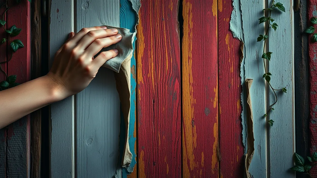 Sonhar com Decapagem: Descubra o Significado Oculto Mãos decapando porta de madeira, revelando cores vibrantes.