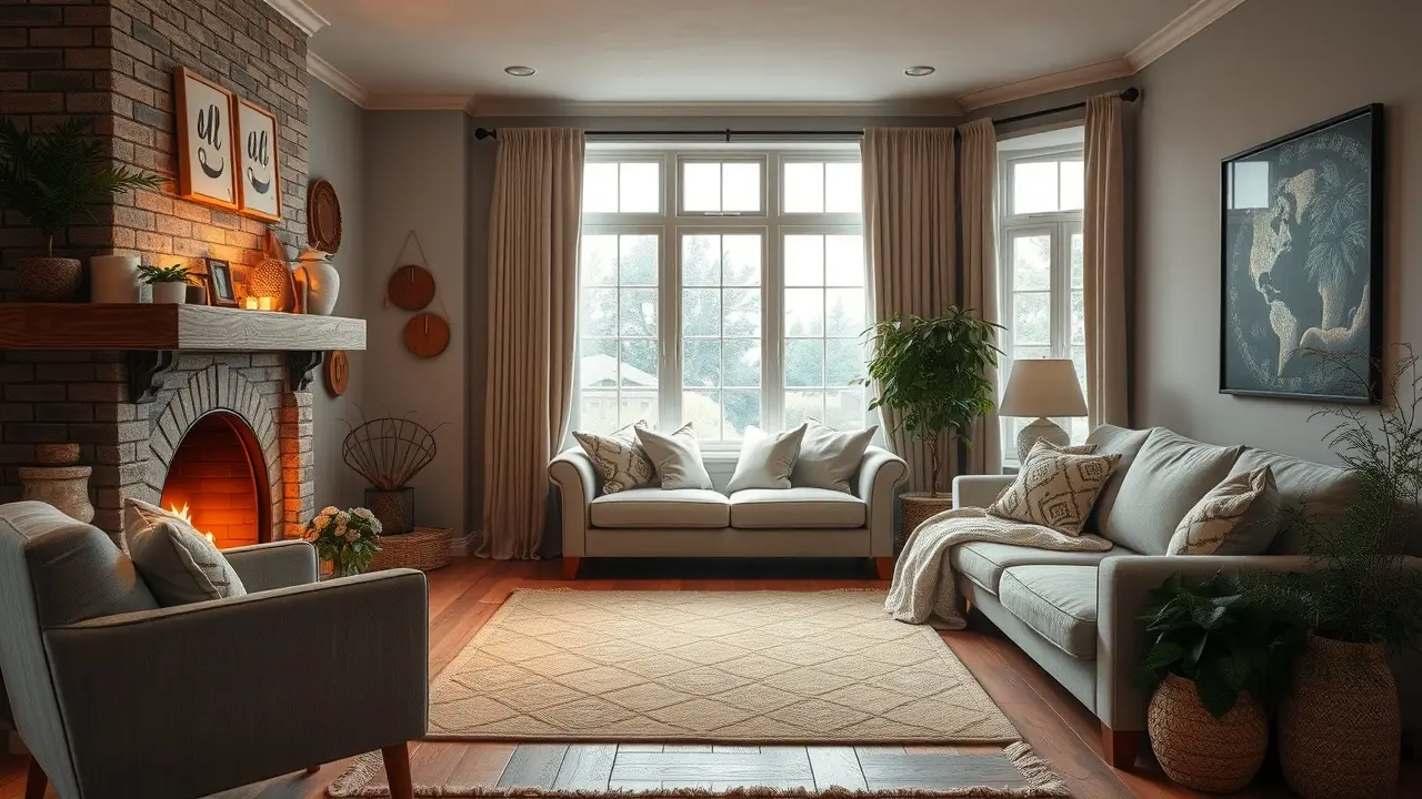 Living room with fireplace and cozy decor