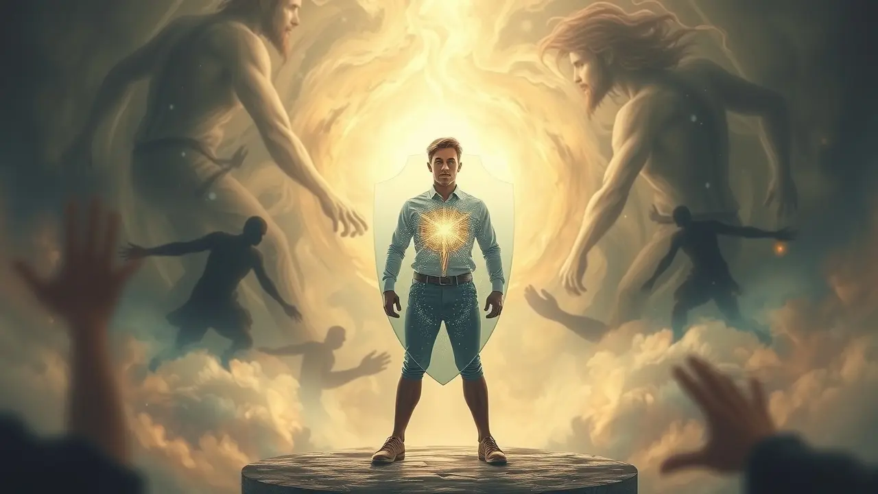 Sonhar com Defesa: Descubra os Significados Ocultos! Ilustração de uma pessoa se protegendo com um escudo em um sonho