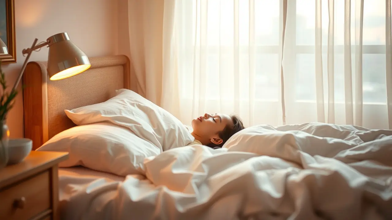 Pessoa deitada em cama confortável, descansando.