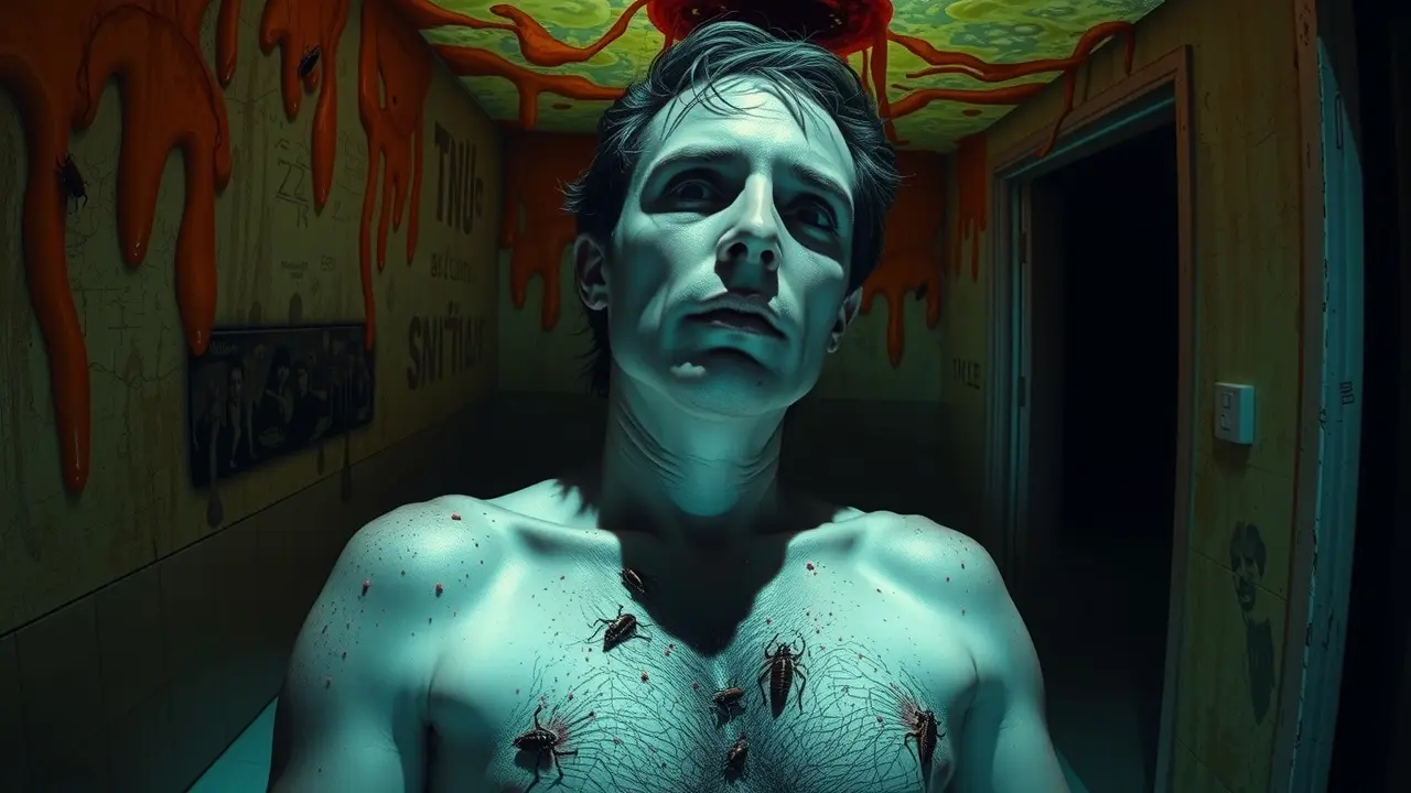 Ilustração perturbadora de Delirium Tremens em sonho.