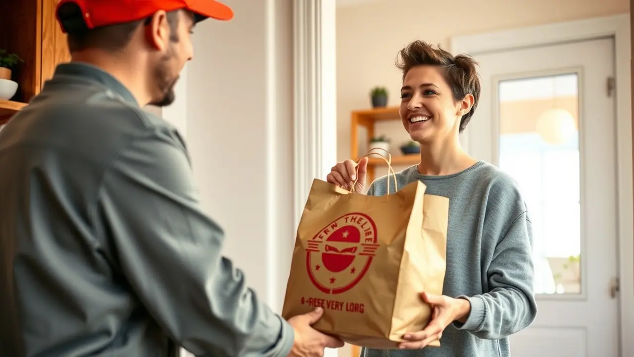 Pessoa sorrindo ao receber entrega de comida em casa.