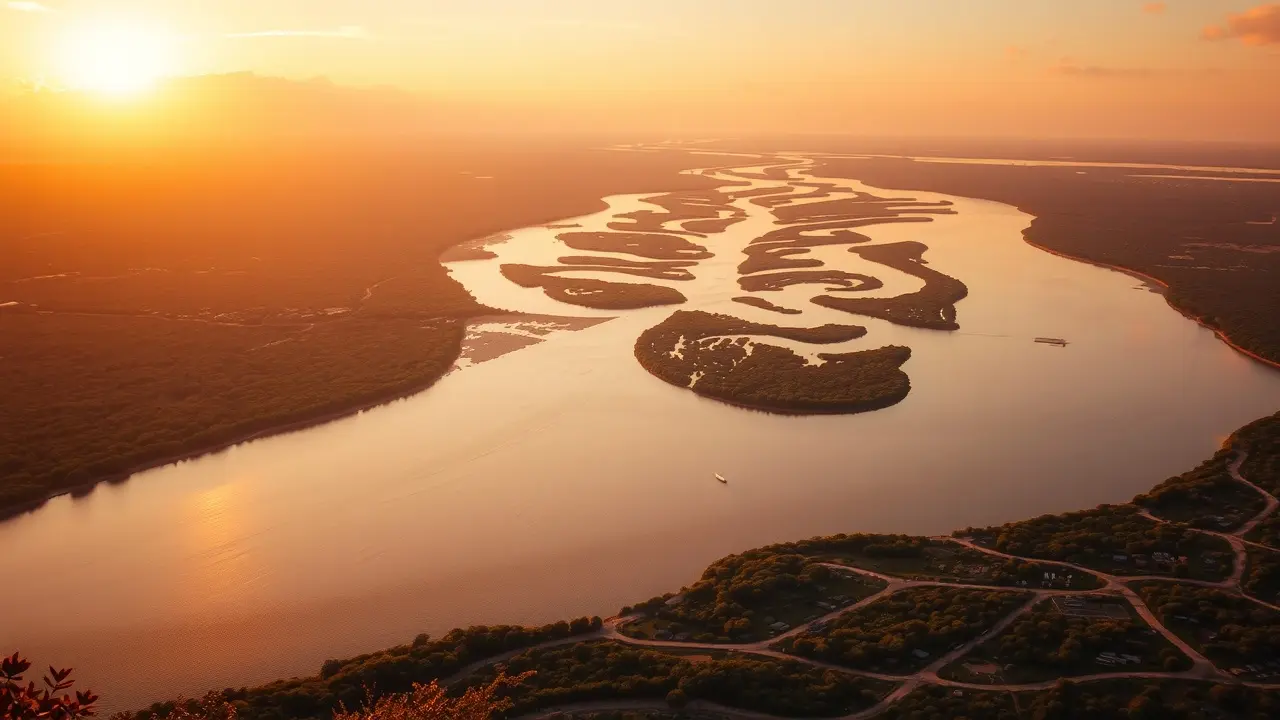 Delta do rio ao pôr do sol.
