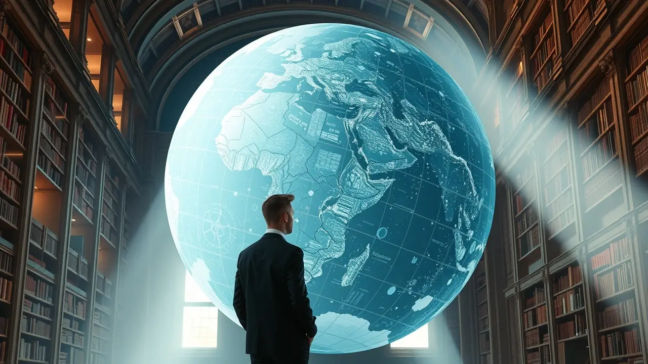 Pessoa contemplando globo com dados demográficos