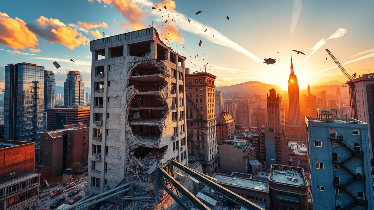 Demolição de prédio em paisagem urbana