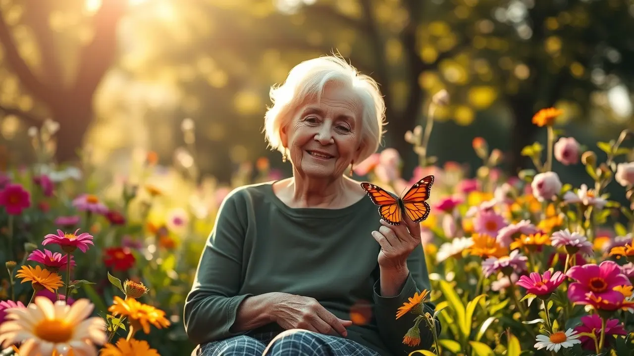 Mulher idosa sorrindo em jardim ensolarado com borboleta