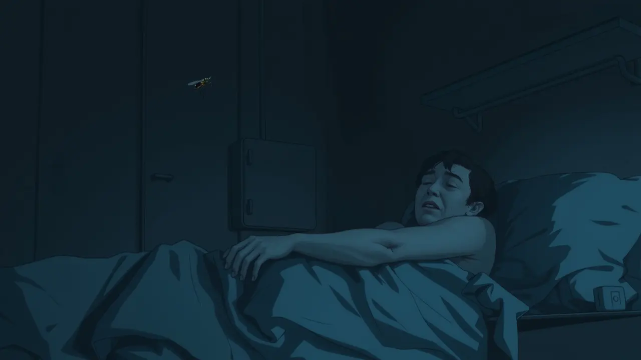 Sonhar com Dengue: Descubra o Significado e as Interpretações! Pessoa doente na cama, mosquito por perto.