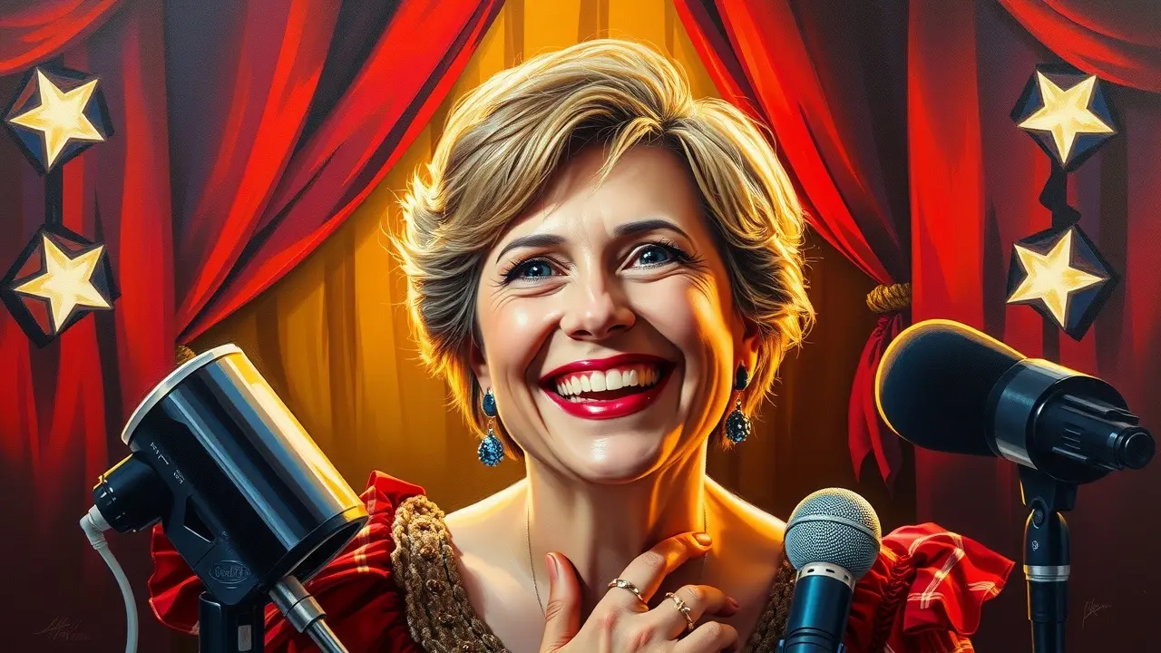 Mulher sorrindo em palco, Denise Fraga