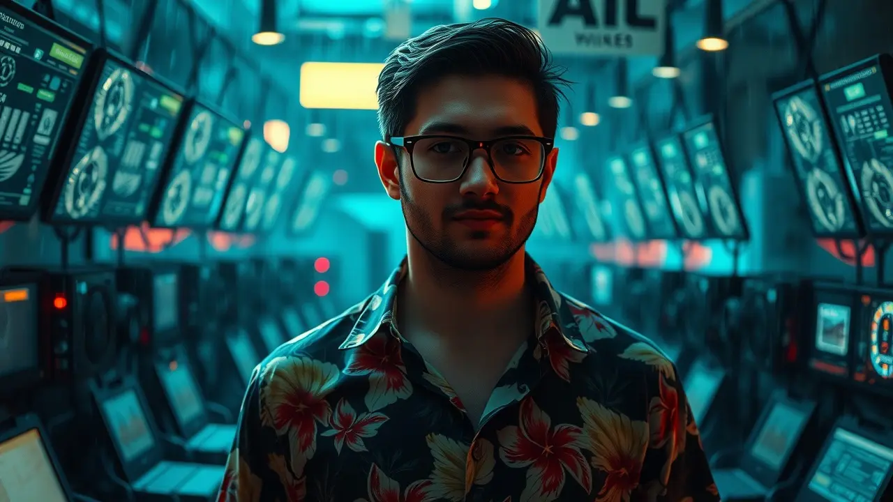 Sonhar com Dennis Nedry: Desvende os Significados Ocultos Homem de óculos em meio a caos digital, aludindo a Dennis Nedry