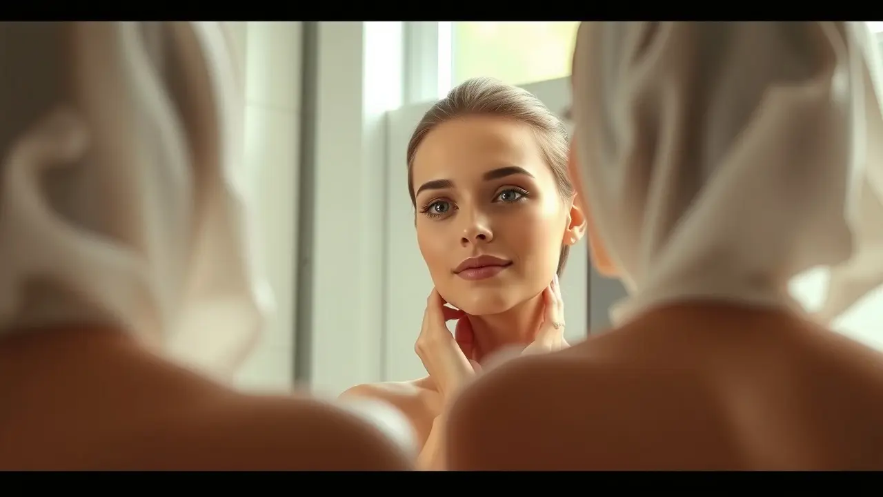 Mulher serena olhando-se no espelho após depilação