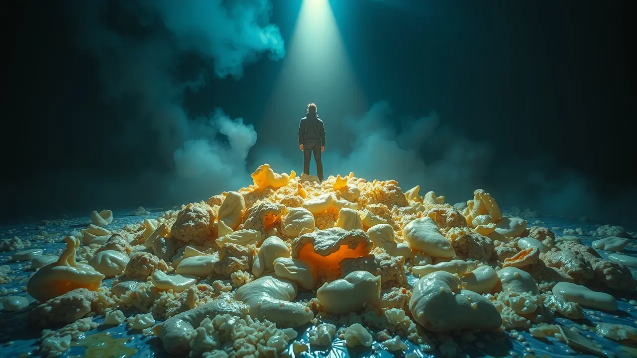 Significado de Sonhar com Deposição: Interpretações e Simbolismos Homem em sonho com monte de fezes sob luzes