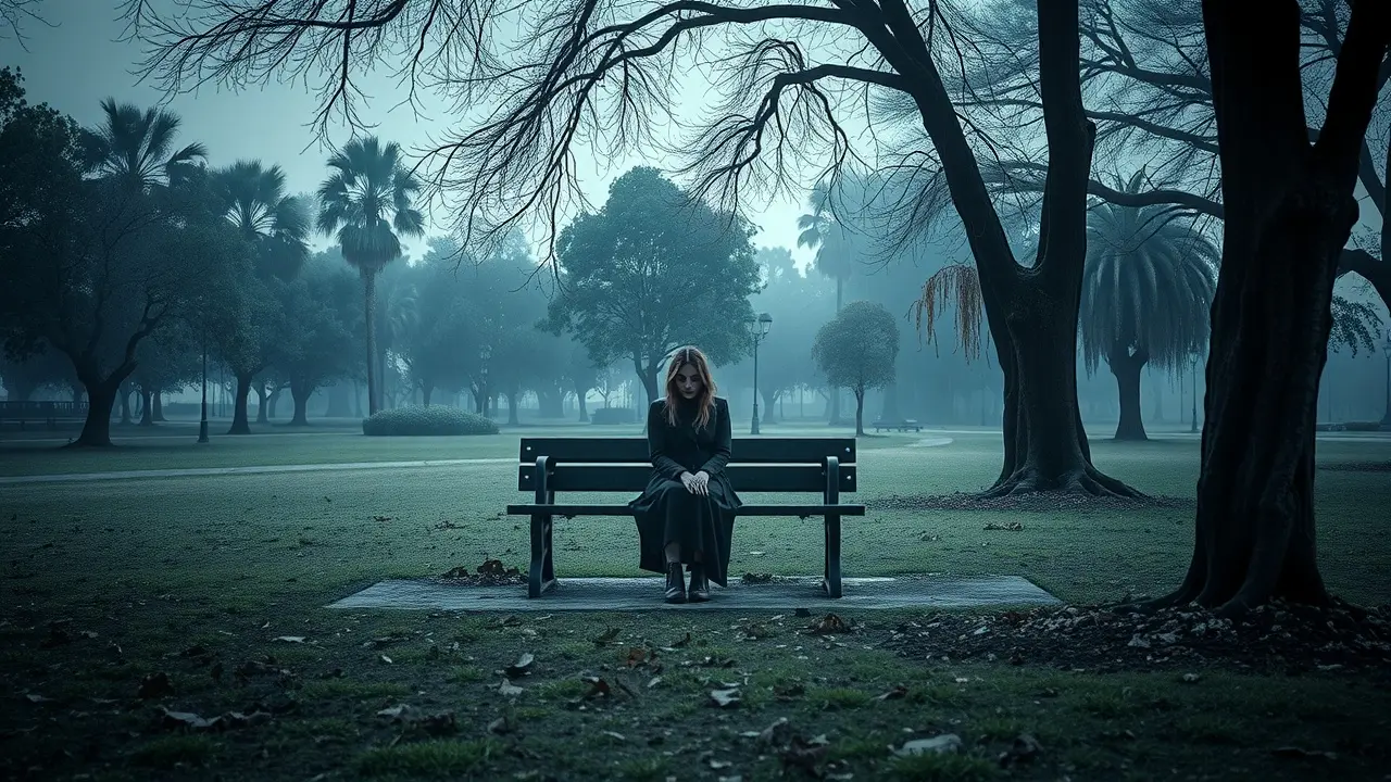 Pessoa sentada banco parque, tristeza