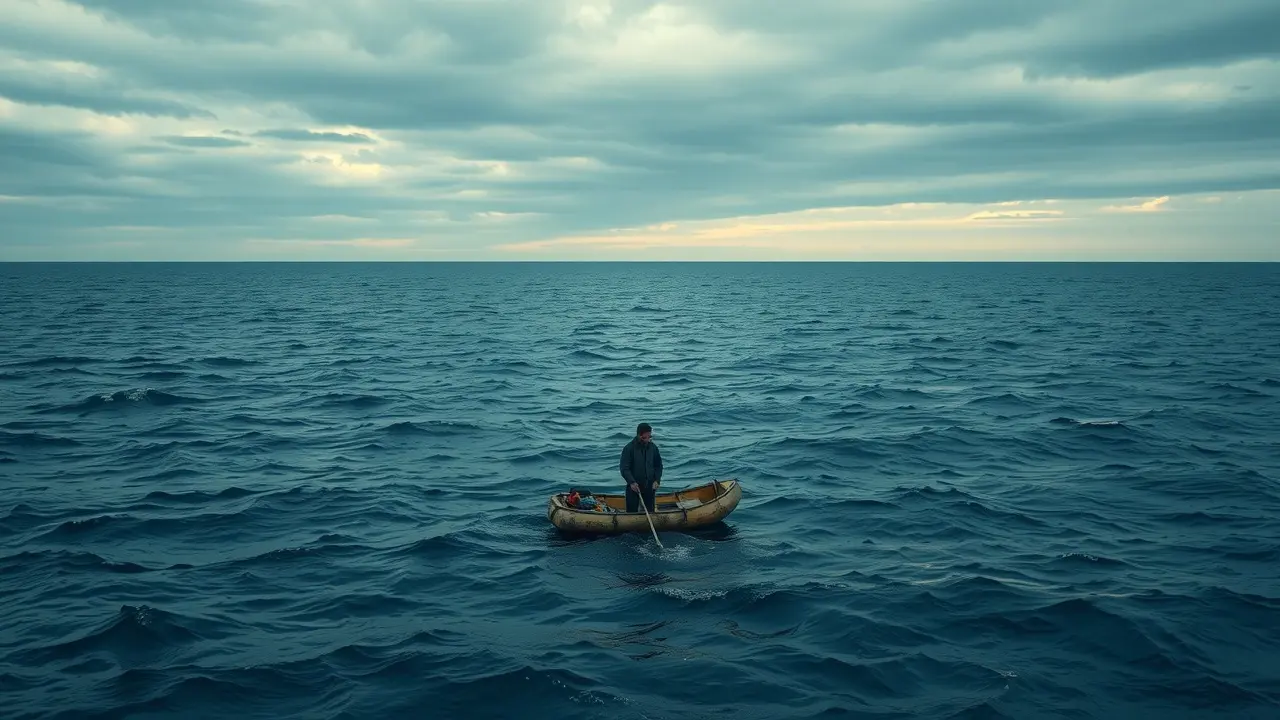 Sonhar com Deriva: Descubra o Significado Oculto Homem à deriva em jangada, vasto oceano.