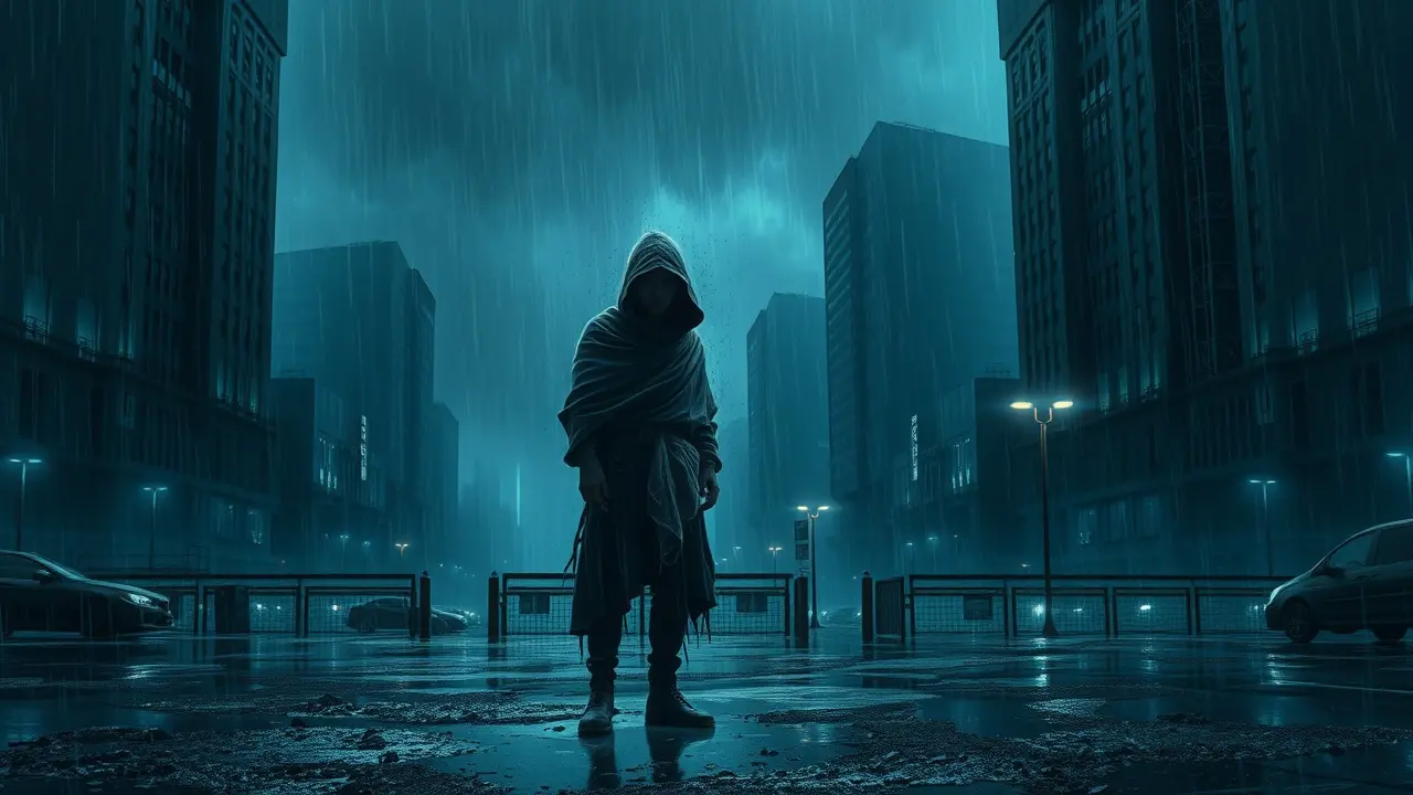 Significado de Sonhar com Desabrigo: Uma Análise Detalhada Pessoa desabrigada sob chuva forte, expressando vulnerabilidade.