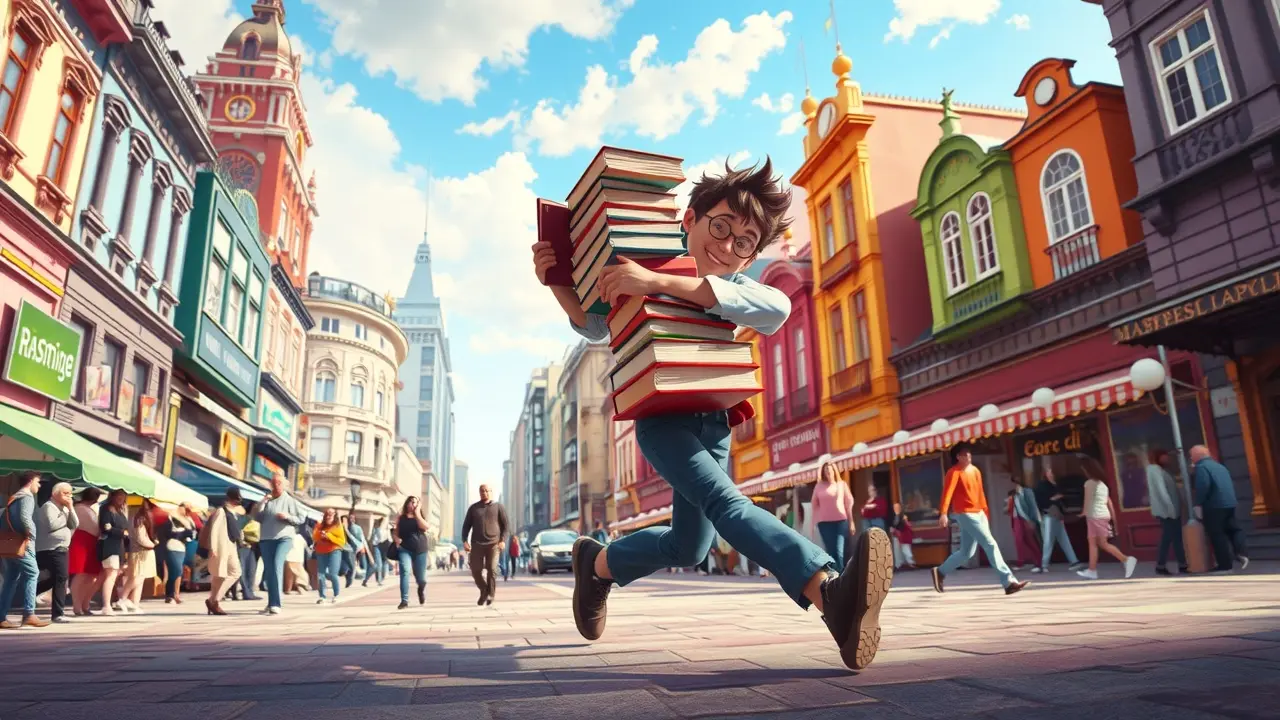 Significado de Sonhar com Desajeitar: Uma Análise Profunda Pessoa tropeçando com livros na praça da cidade