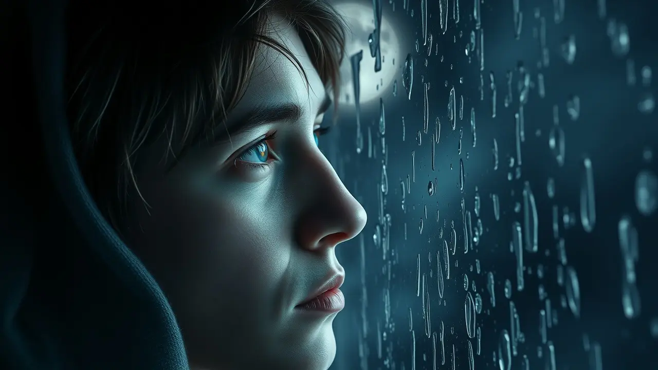 Pessoa olhando pela janela na chuva, expressando tristeza.
