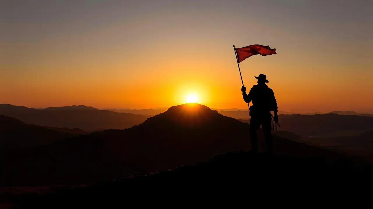 Silhueta de um desbravador no topo de uma colina ao pôr do sol