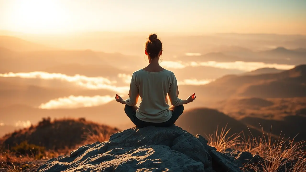 O Significado Profundo de Sonhar com Descompressão Pessoa meditando no topo da montanha ao nascer do sol