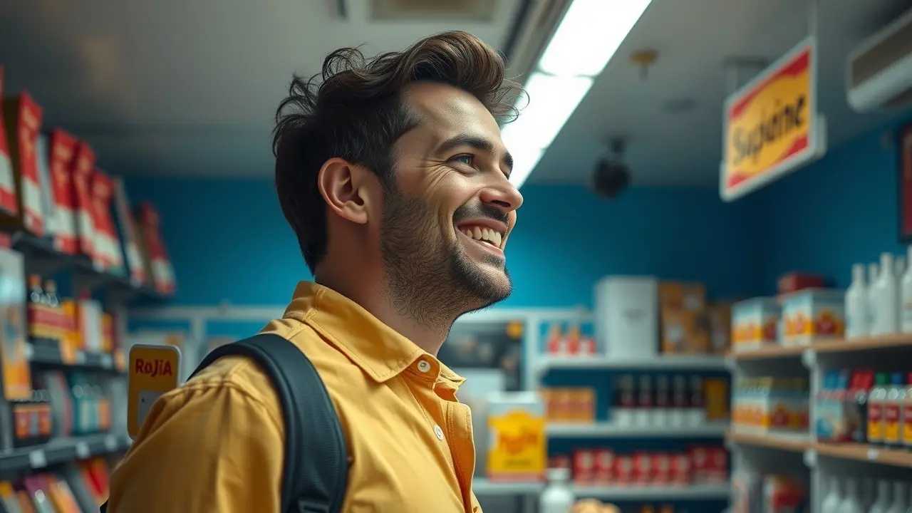 Homem sorrindo com desconto