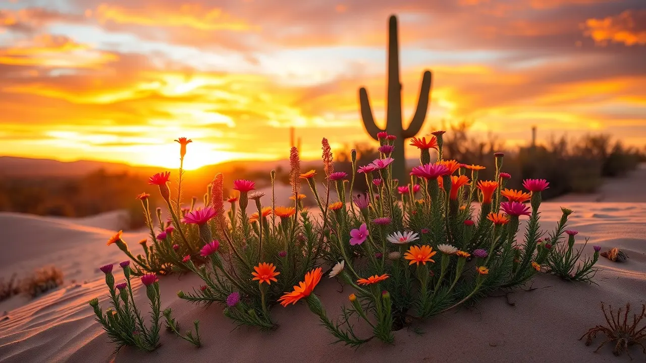 Deserto florido ao entardecer.