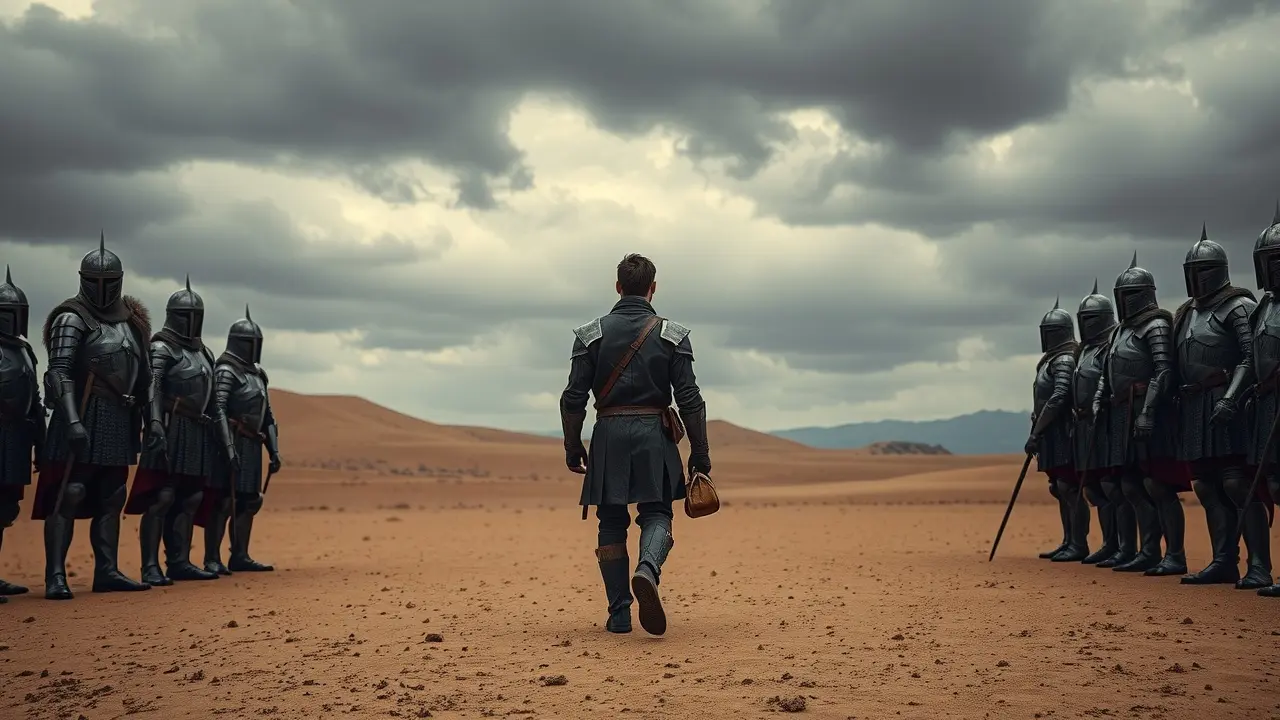 Significado de Sonhar com Desertor: Desvendando as Mensagens do Inconsciente Homem se afastando de soldados em deserto, simbolizando abandono.