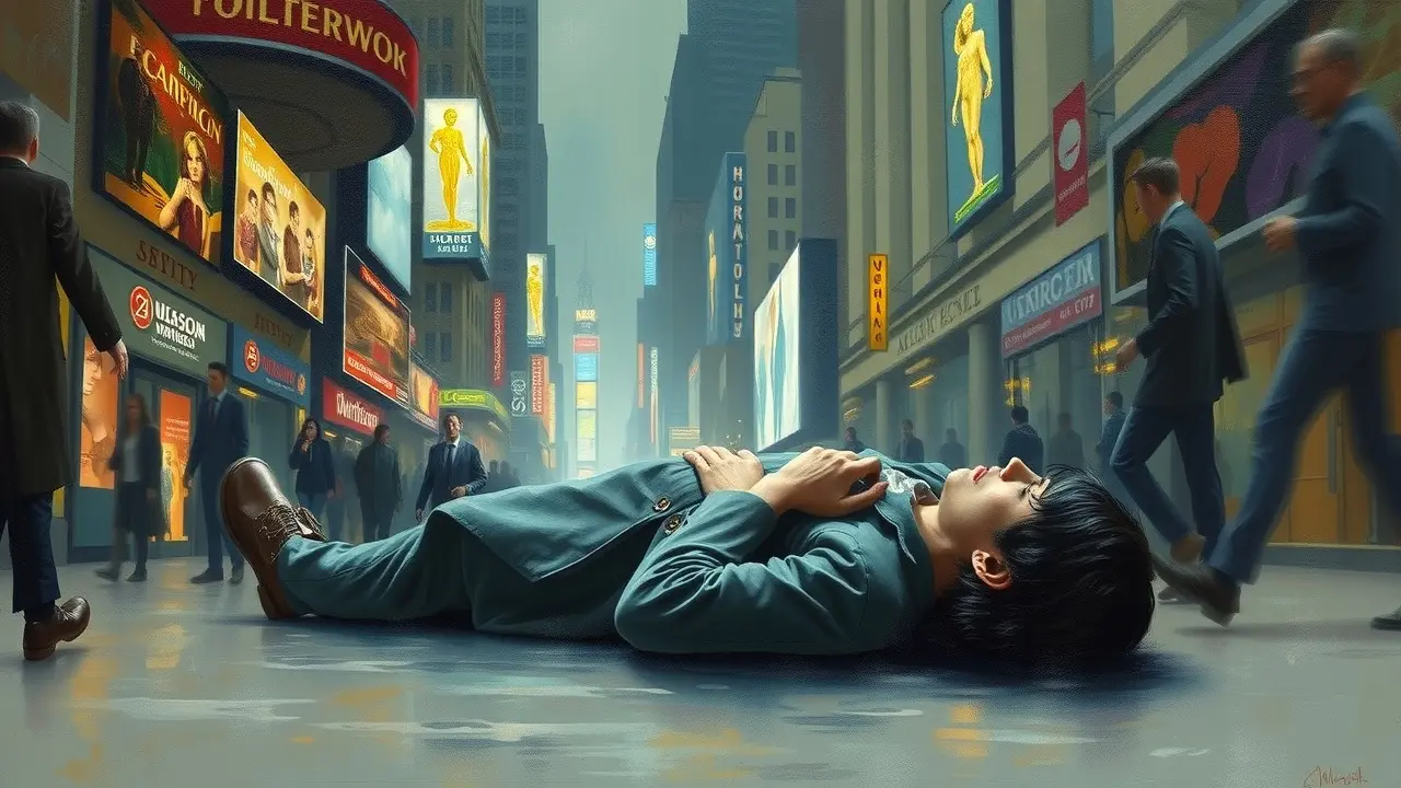 Pessoa a desmaiar num sonho numa cidade.