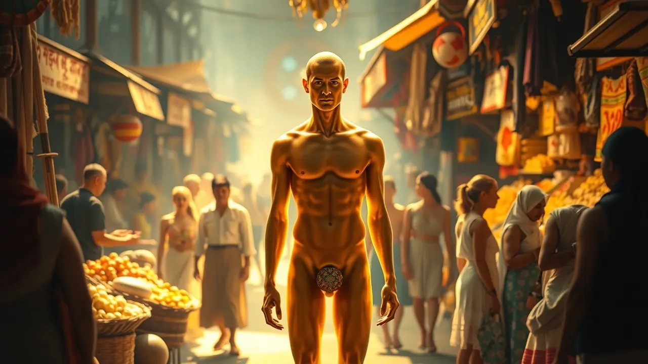 Sonho com desnudez: figura translúcida em mercado vibrante