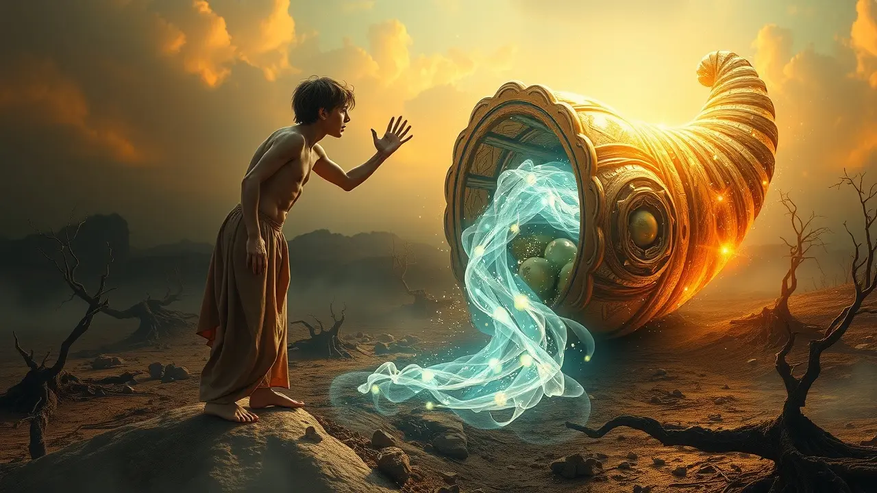 Figura faminta alcançando cornucópia de luz – Sonho com desnutrição.