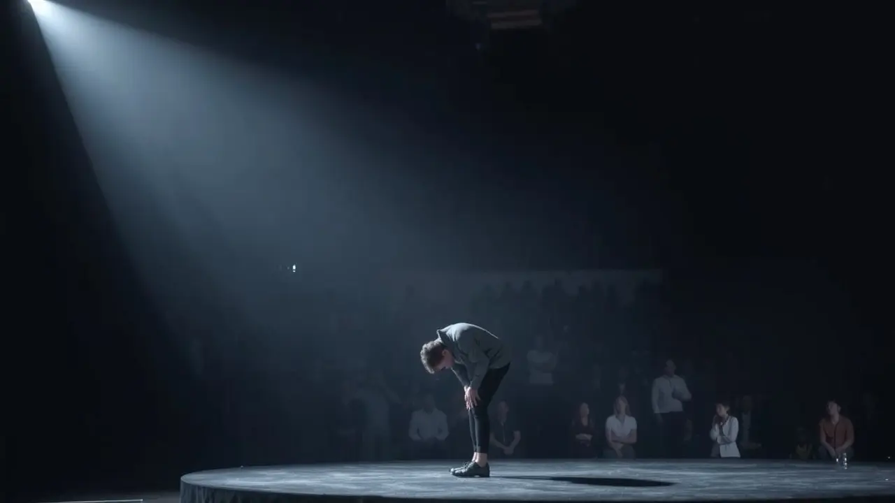 Pessoa cabisbaixa sob foco, simbolizando desonra.