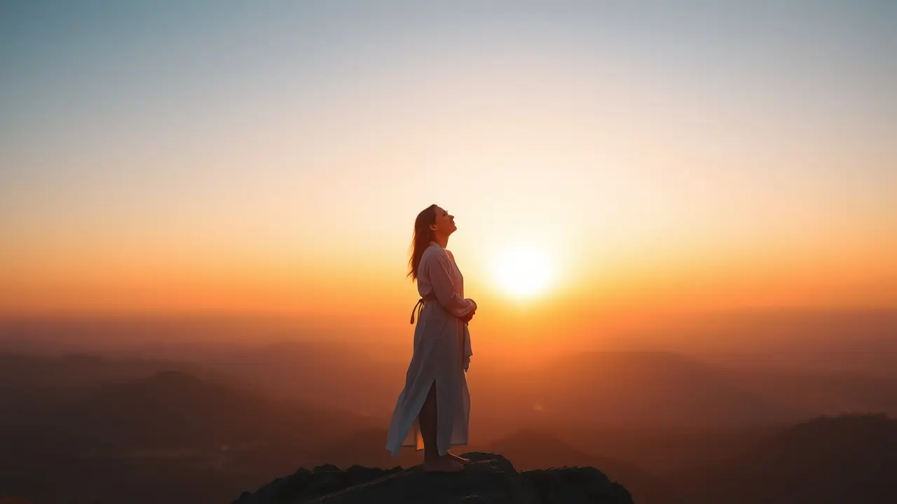 Pessoa contemplando o nascer do sol em montanha, simbolizando o despertar espiritual.