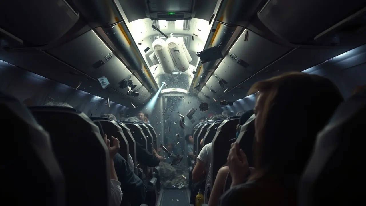 Sonhar com Despressurização: Descubra o Significado Oculto Cabine de avião em despressurização, máscaras de oxigênio penduradas.