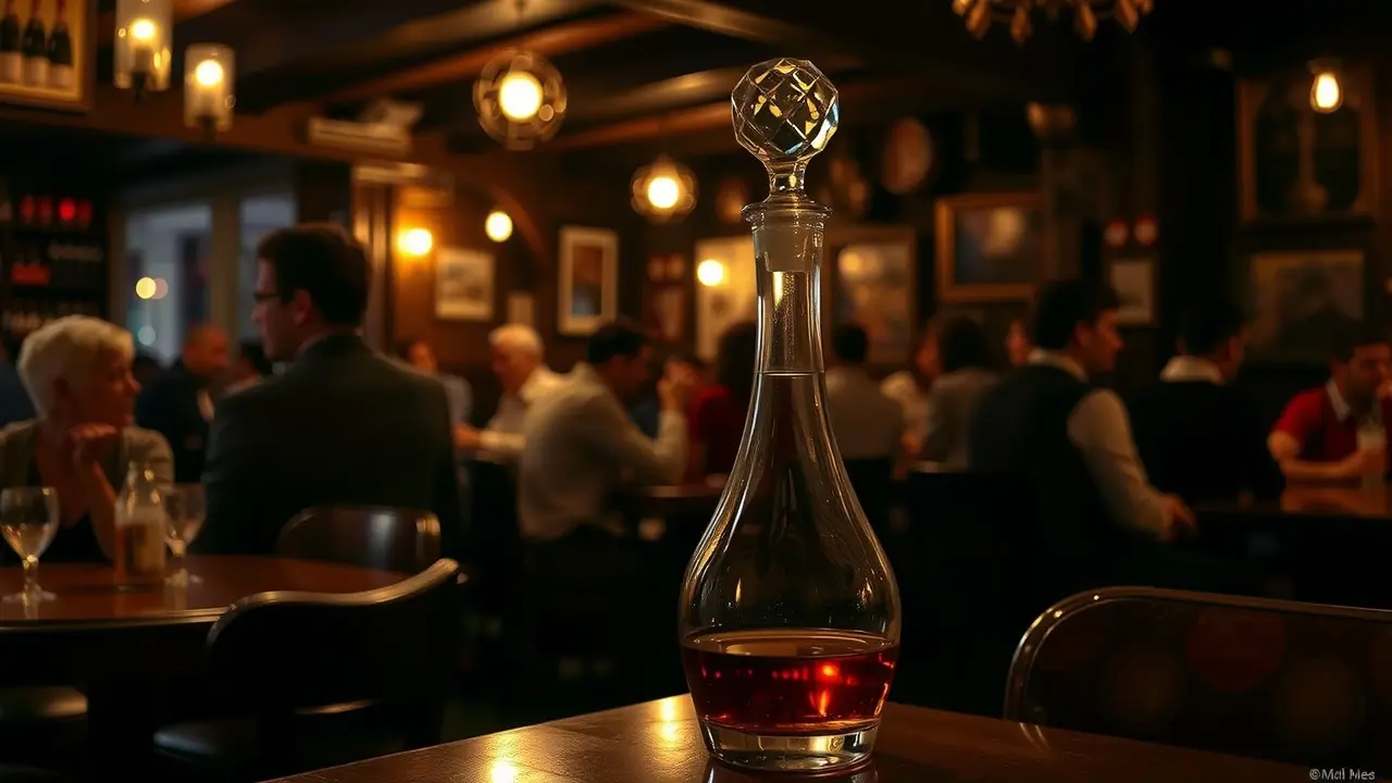 Decanter de destilado em taverna escura; simbolismo e sonho.