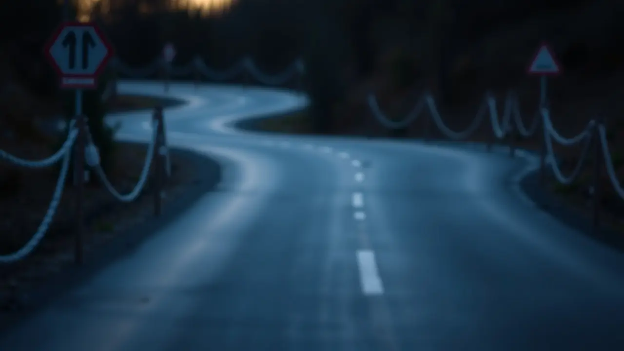 Estrada sinuosa ao entardecer com bifurcação, simbolizando incerteza e escolhas.