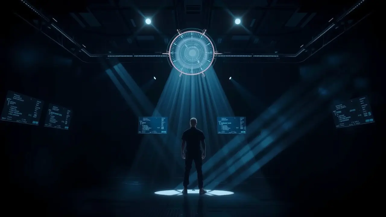 Sonho com detecção: scanner iluminando pessoa em sala escura.