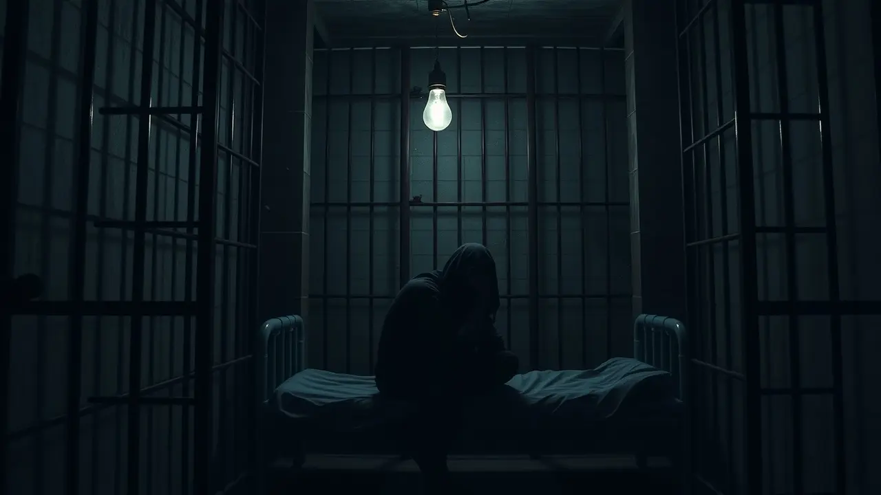 Significado de Sonhar com Detenção: Uma Análise Detalhada Cela escura com pessoa solitária, simbolizando sonho com detenção.