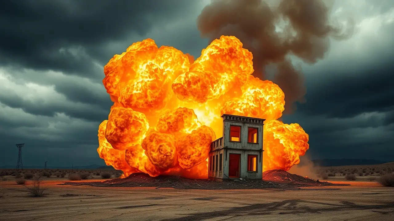 Explosão dramática com chamas alaranjadas e fumaça.