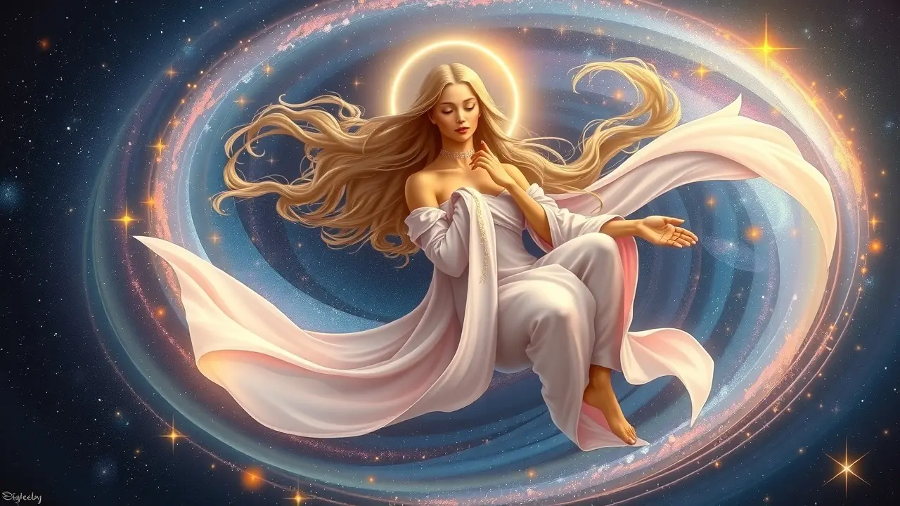 Uma deva celestial flutuando em um céu estrelado