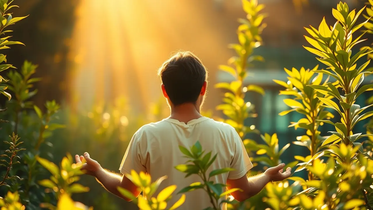Sonhar com Devekut: Significado, Interpretações e Reflexões Pessoa meditando em jardim ensolarado buscando conexão divina